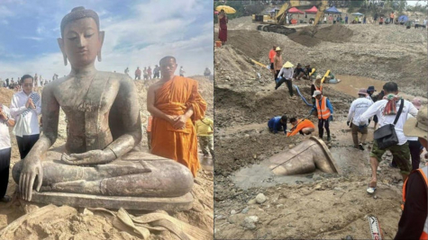 Lào khai quật được pho tượng Phật 100 năm tuổi dưới lòng sông Mekong