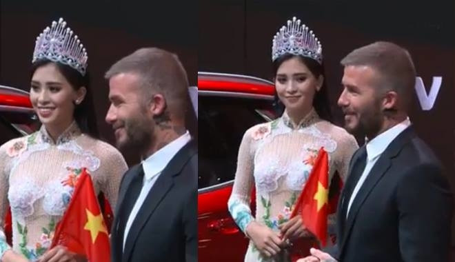 Khoảnh khắc hoa hậu Trần Tiểu vy sánh đôi cùng David Beckham tại Paris Motor Show 2018