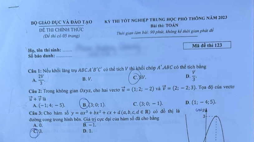 Gợi ý đáp án thi tốt nghiệp THPT 2023 môn Toán mã đề 123