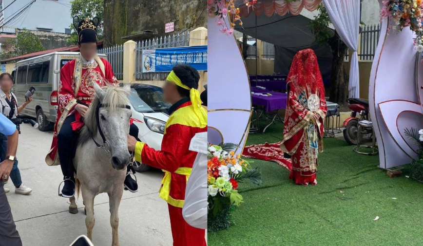 Đám cưới gây tranh cãi ở Hưng Yên: Chú rể cưỡi ngựa, cô dâu trùm khăn, đi kiệu như phim cổ trang