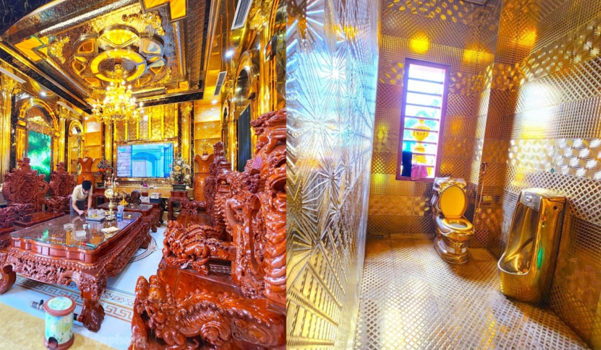 Ngắm lâu đài dát vàng của 'đại gia đồng nát' Nghệ An: Vàng phủ từ phòng khách đến nhà vệ sinh