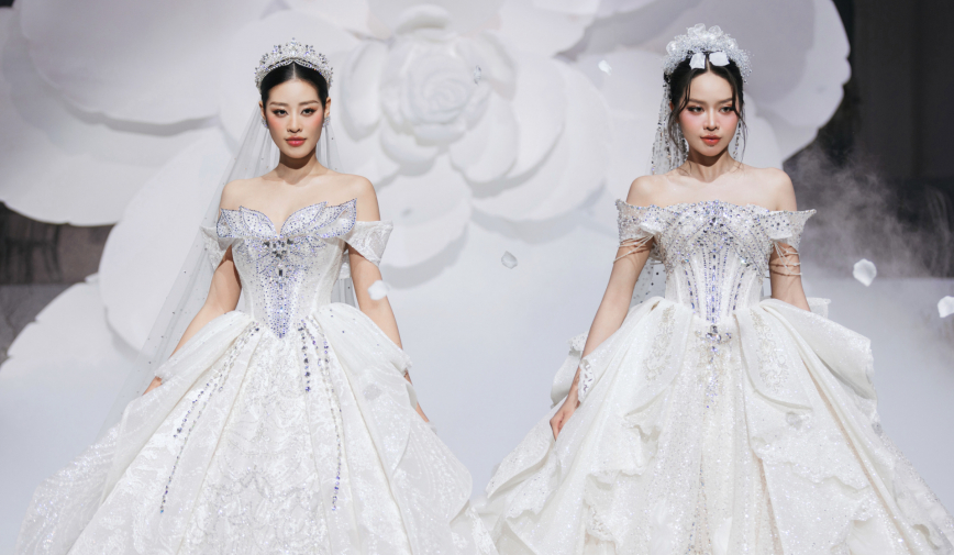 Khánh Vân- Thanh Thủy mặc đầm cưới sánh đôi catwalk, bung skill catwalk không nhìn bậc thang