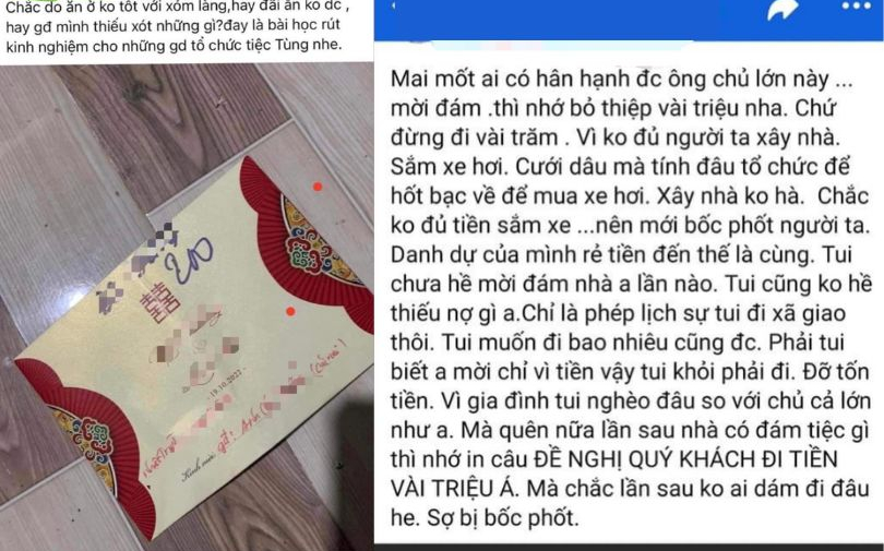 Khách mừng cưới 200k bị chủ nhà ghi thẳng số tiền ngoài thiệp rồi đăng nhắc nhở trên facebook