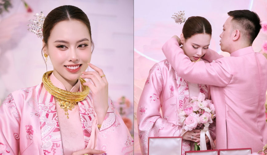 Á hậu Vbiz bí mật tổ chức lễ ăn hỏi với chồng doanh nhân, vàng sính lễ đeo trĩu cổ gây choáng