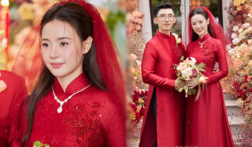 Midu diện áo dài đỏ có hoạ tiết hoa mơ trong tuyết mang ý nghĩa đặc biệt trong ngày lễ vu quy