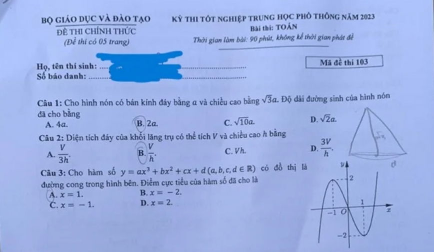 Gợi ý đáp án thi tốt nghiệp THPT 2023 môn Toán mã đề 103