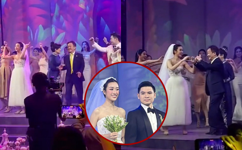 Vợ chồng bầu Hiển 'quẩy' tới bến trong tiệc cưới con trai và Đỗ Mỹ Linh, netizen khen: 'Bố mẹ chồng chiều con dâu quá!'