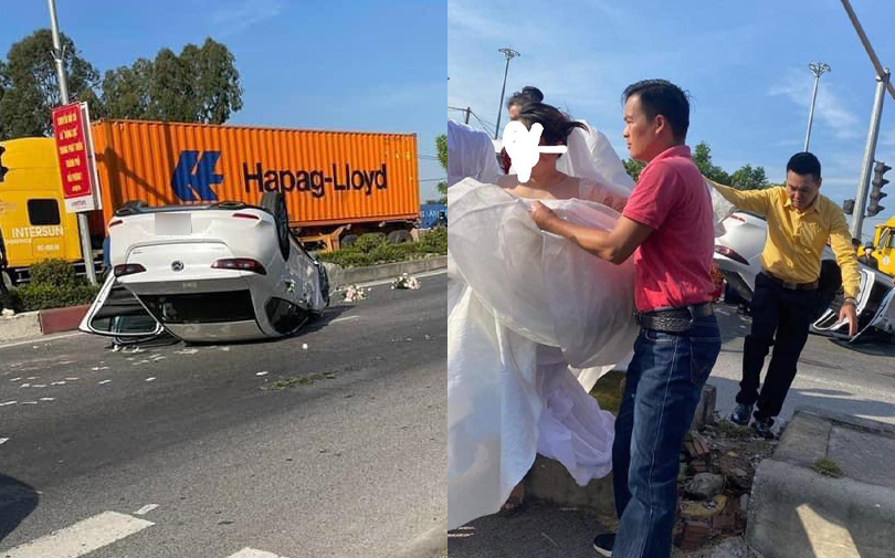 Xe hoa ở Hải Phòng lật giữa đường, cô dâu đang mang thai và chú rể phải vào viện cấp cứu