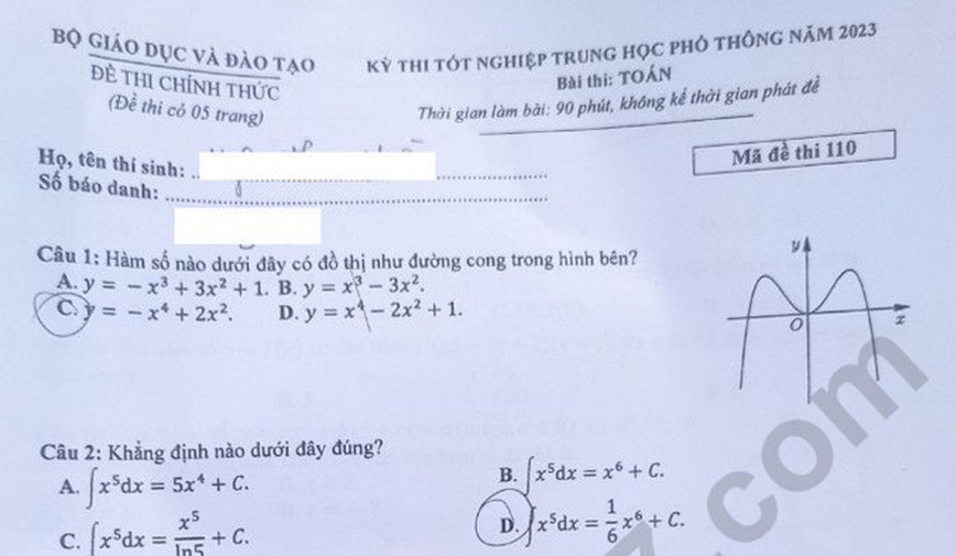 Gợi ý đáp án thi tốt nghiệp THPT 2023 môn Toán mã đề 110