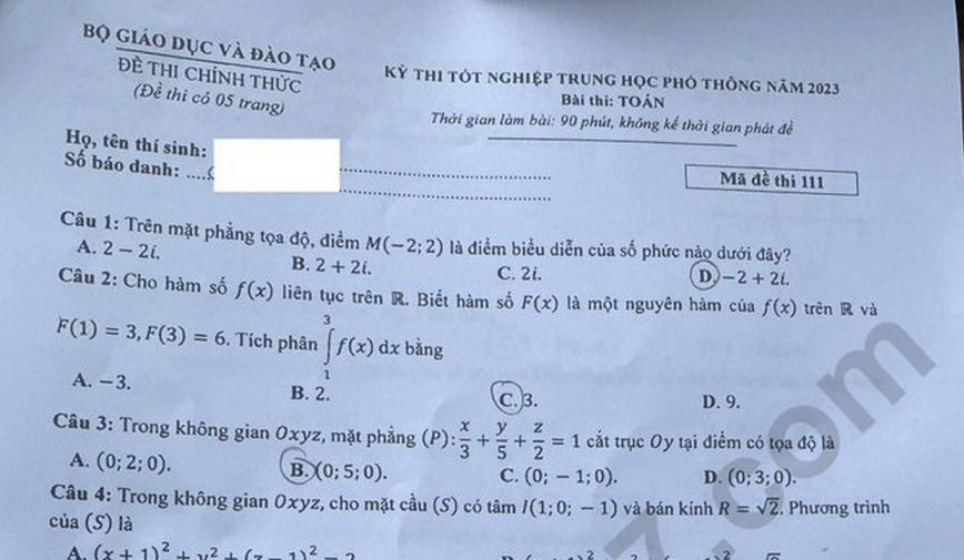 Gợi ý đáp án thi tốt nghiệp THPT 2023 môn Toán mã đề 111