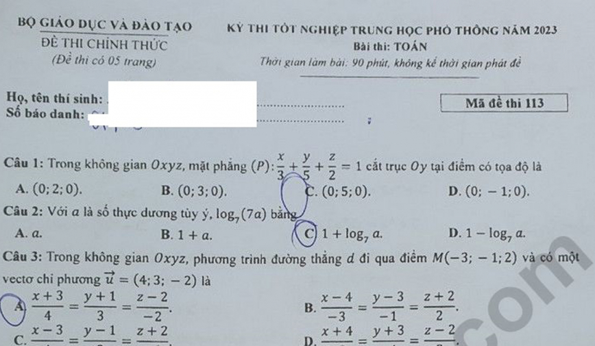 Gợi ý đáp án thi tốt nghiệp THPT 2023 môn Toán mã đề 113