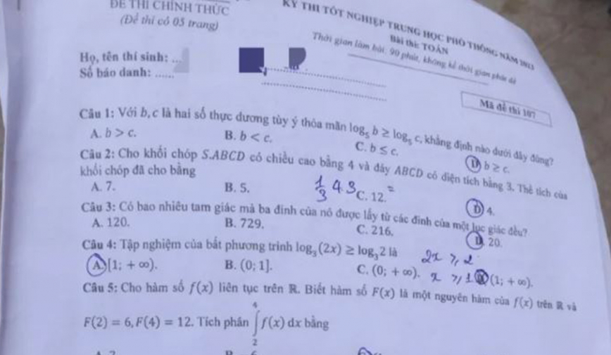 Gợi ý đáp án thi tốt nghiệp THPT 2023 môn Toán mã đề 107