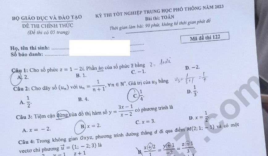 Gợi ý đáp án thi tốt nghiệp THPT 2023 môn Toán mã đề 122