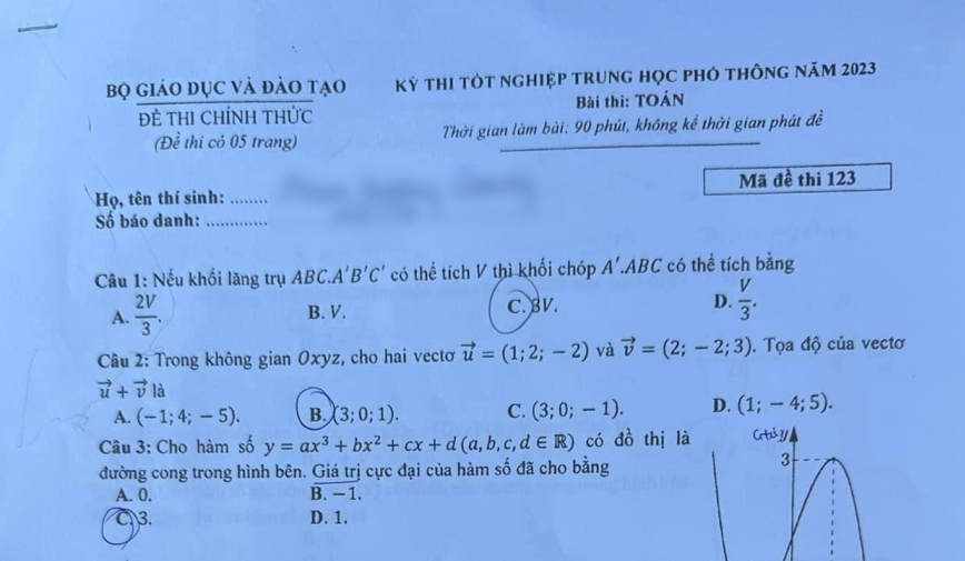 Gợi ý đáp án thi tốt nghiệp THPT 2023 môn Toán mã đề 123