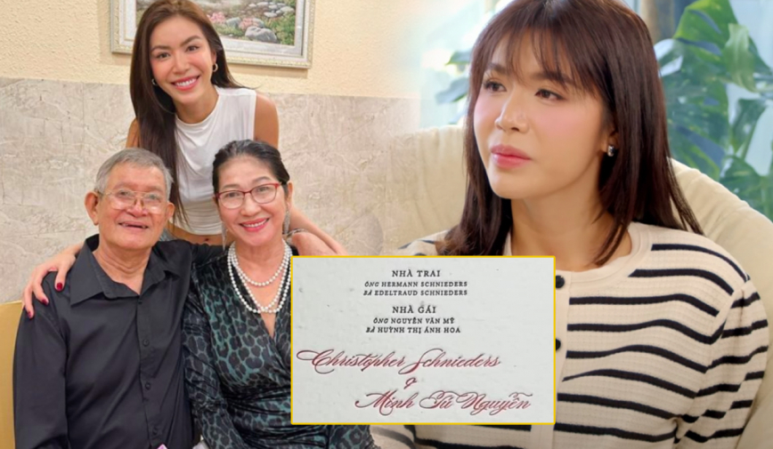 Minh Tú có 1 hành động tưởng nhớ người bố quá cố gây xúc động mạnh, ghi rõ trên thiệp cưới với chồng Tây