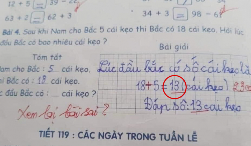 Bài toán tìm số kẹo 18-5=13 nhưng bị gạch sai, cô giáo đưa ra đáp án là 23 gây tranh cãi