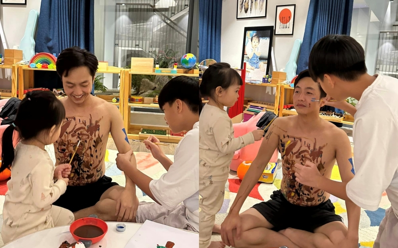 Ra ngoài là đại gia, Cường Đô La khi về nhà lại chiều con đến mức để yên cho 2 con 'xăm mình' thế này