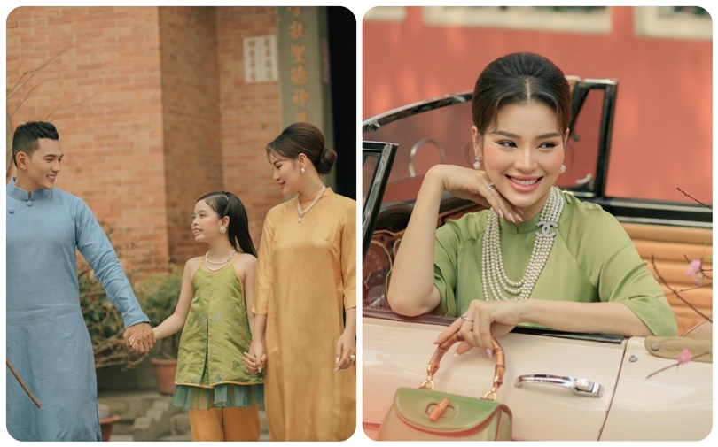 Phương Trinh Jolie diện áo dài tết, tự tin khoe nhan sắc mẹ bầu bên chồng con