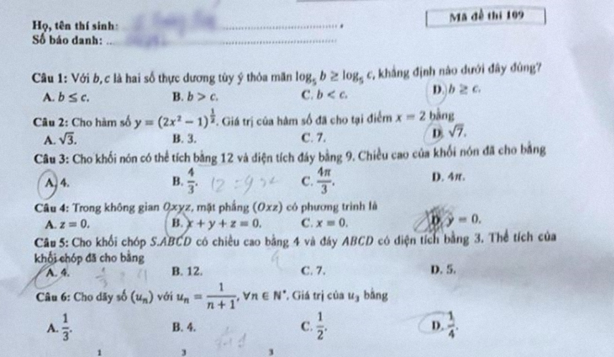 Gợi ý đáp án thi tốt nghiệp THPT 2023 môn Toán mã đề 109