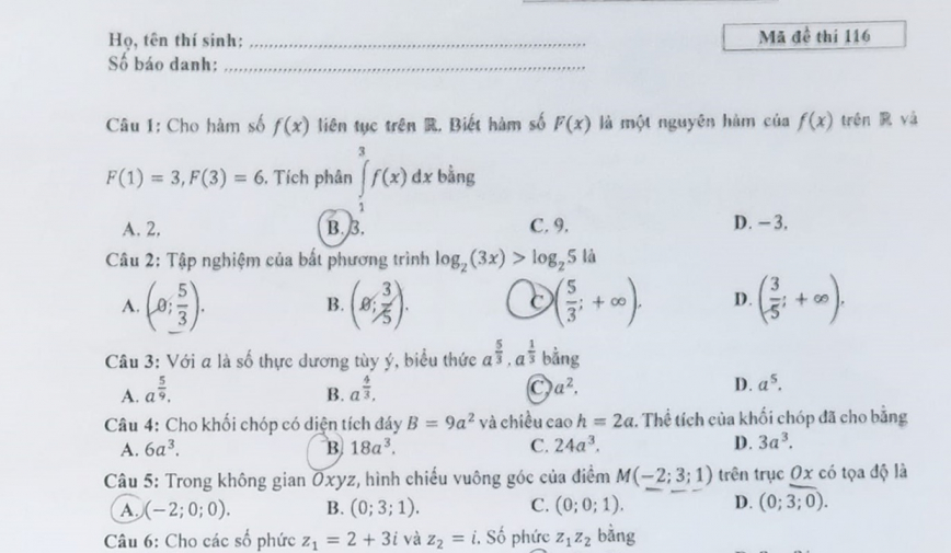 Gợi ý đáp án thi tốt nghiệp THPT 2023 môn Toán mã đề 116