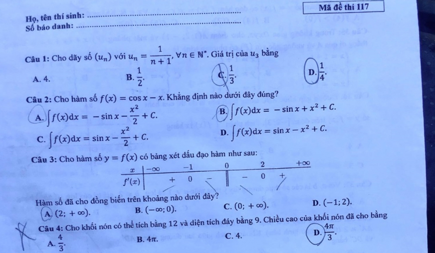 Gợi ý đáp án thi tốt nghiệp THPT 2023 môn Toán mã đề 117