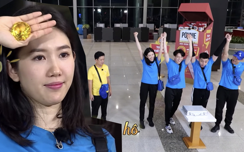 Thuý Ngân chơi lăn xả, không chịu thua 'cánh mày râu' trong trò xé bảng tên của 'Running Man Việt Nam'