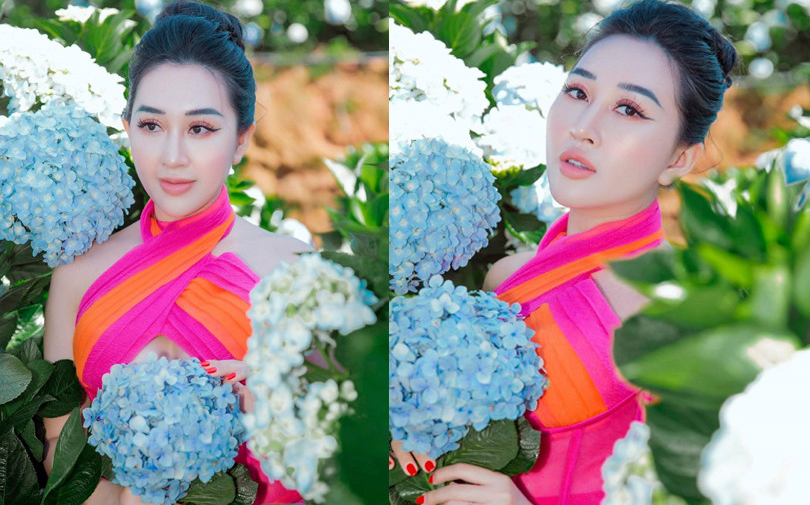 Hoa Hậu Huỳnh Thuý Anh đẹp mơ mộng giữa vườn hoa cẩm tú cầu