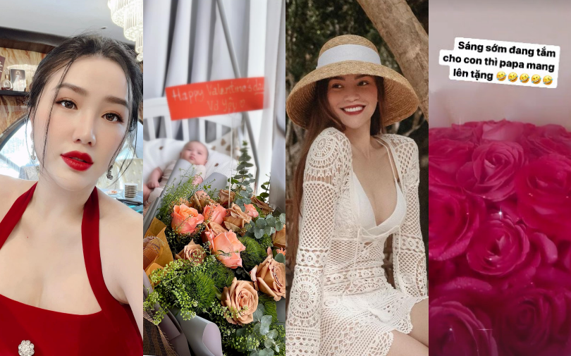 Valentine của hội mẹ bỉm Vbiz: Hà Hồ nhận quà khi đang tắm cho con, Bảo Thy cũng có 'thế lực nhí' chiếm sóng