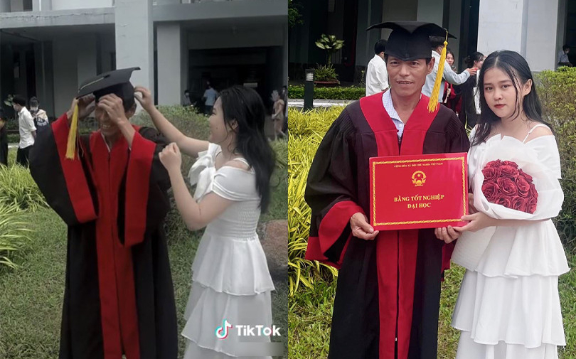 Khoảnh khắc nữ sinh khoác áo cử nhân cho cha trong ngày tốt nghiệp gây xúc động mạnh: 'Cha mẹ đã hi sinh rất nhiều'