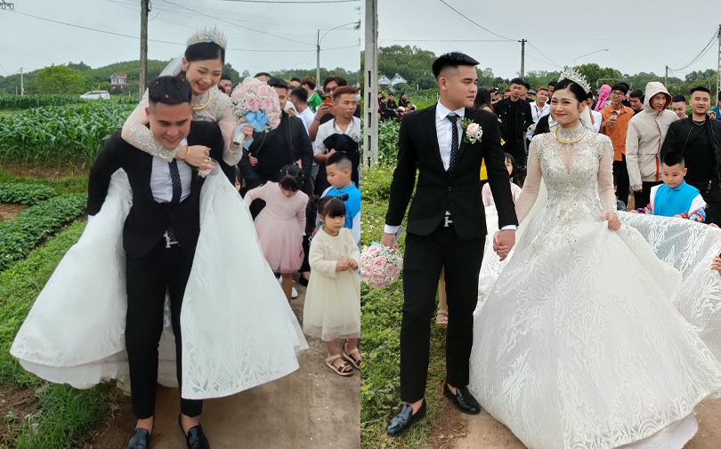 Hai nhà cách nhau 300 mét, chú rể quyết định cõng luôn cô dâu về dinh khỏi cần thuê xe hoa
