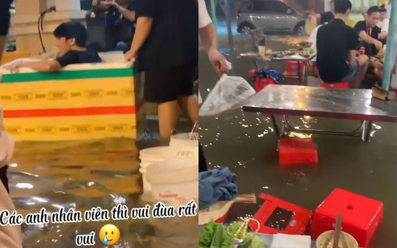 Dân mạng tìm ra quán ăn bất ổn gần Sài Gòn: Nước mưa ngập thành sông, nhân viên đẩy ‘thuyền’ vui đùa