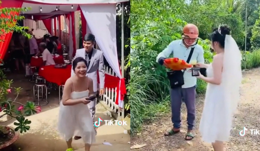 Cô dâu xách váy, vòi tiền chồng đi lấy hàng shipper giao ngay trong ngày đám cưới