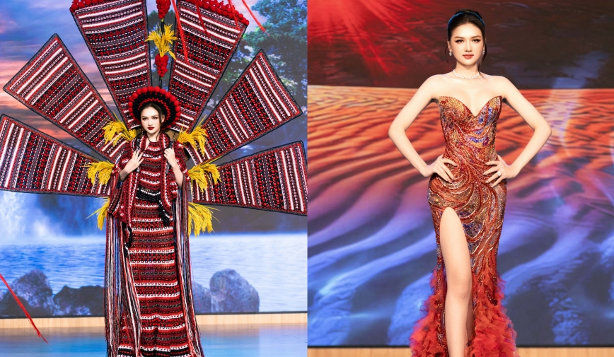 Á Hậu Thu Ngân mang trang phục dân tộc đan tay từ sợi tái chế đến Miss Intercontinental