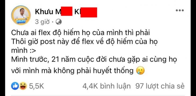 Bài đăng của chàng trai khoe họ hiếm của mình